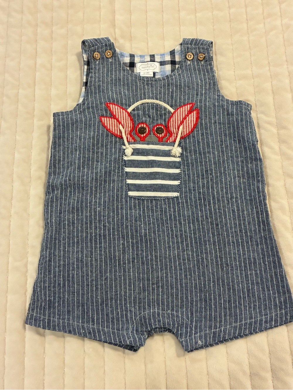 Mud Pie Blue Striped Romper with Red Crab Pocket Appliqué 9-12 month